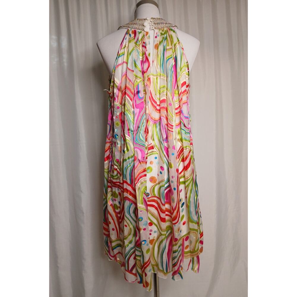 La Femme Paris Silk Rhinestone Faux Pearl Retro tent Dress Colorful Swirls 10 - Picture 3 of 12